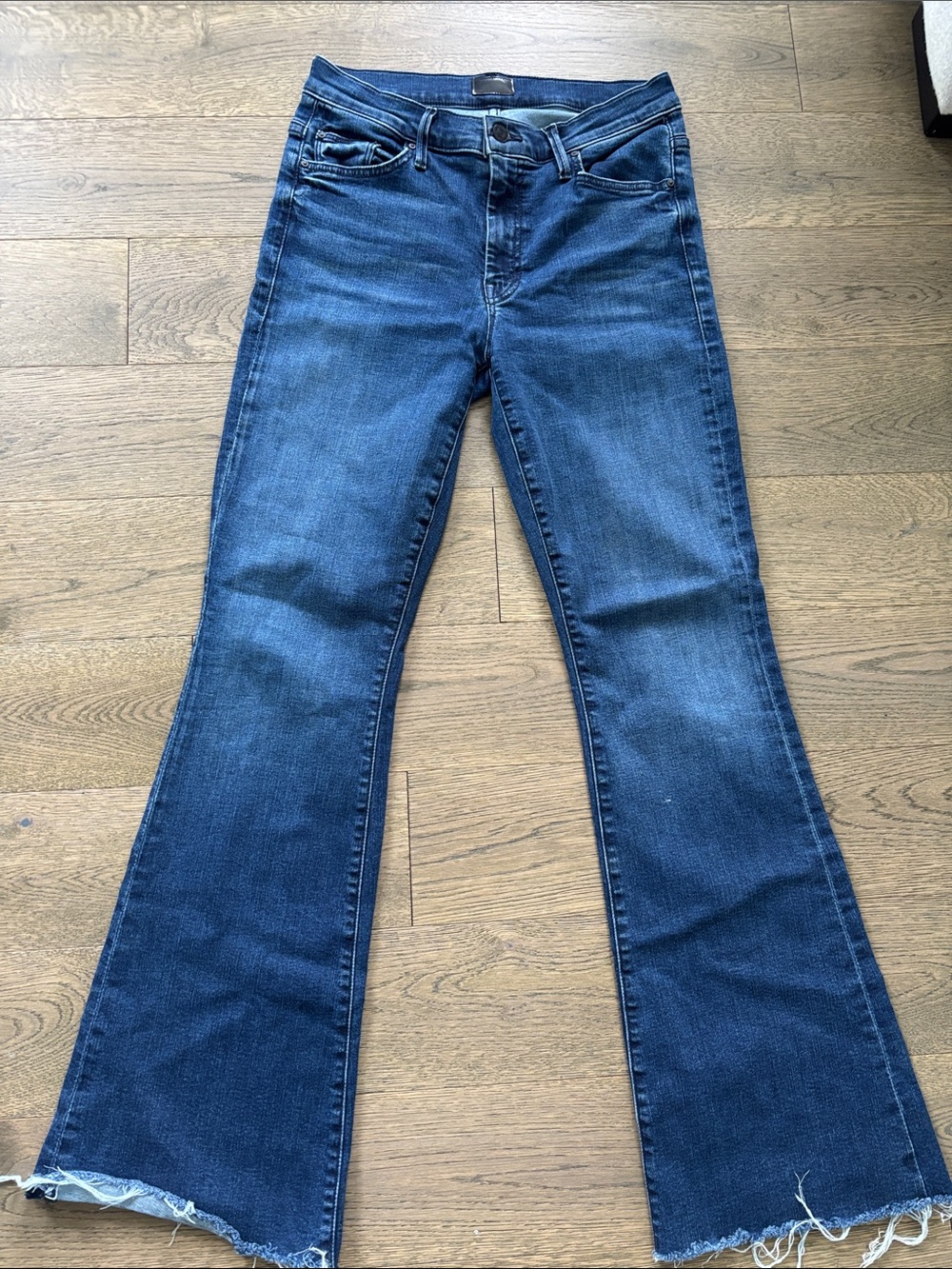 MOTHER Dark Blue Flare Jeans with Raw Hem